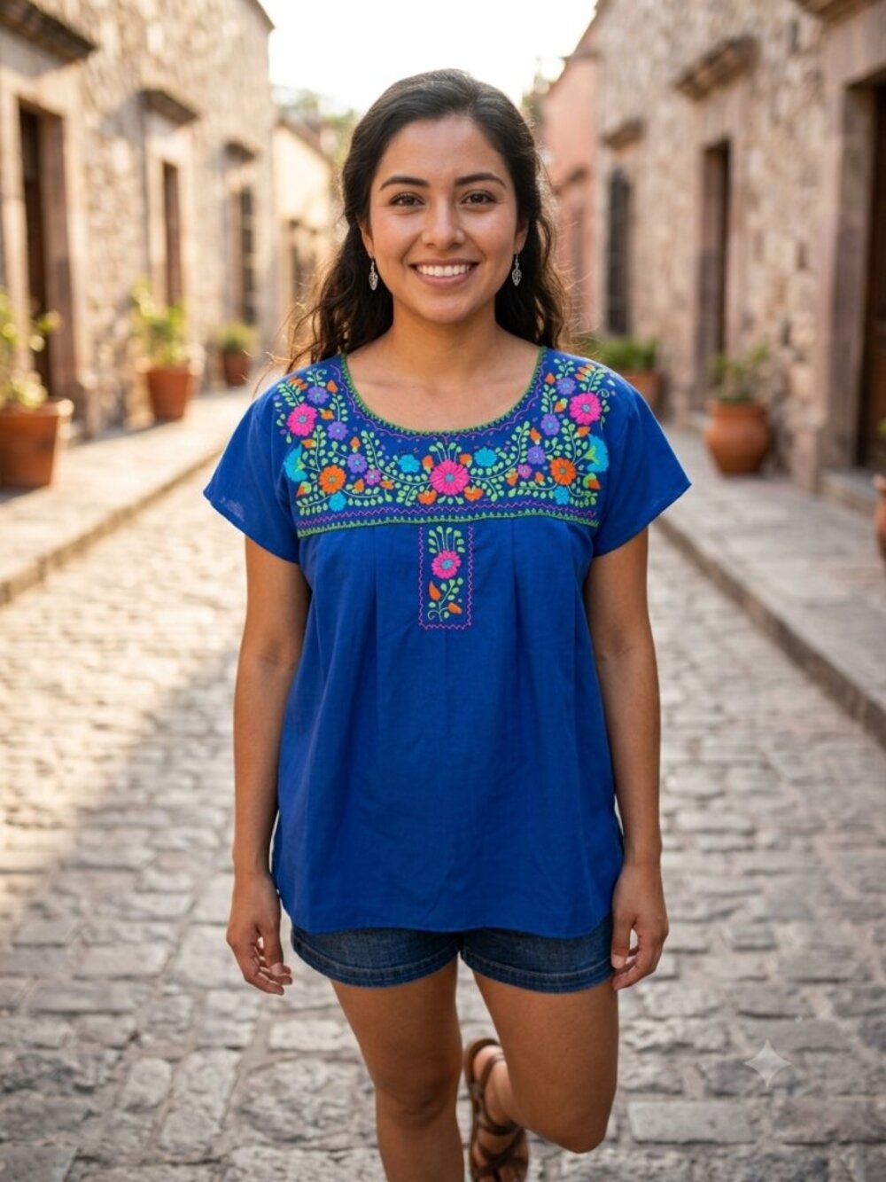 NATIVA Blue Embroidered Mexican Peasant Blouse Cotton Large